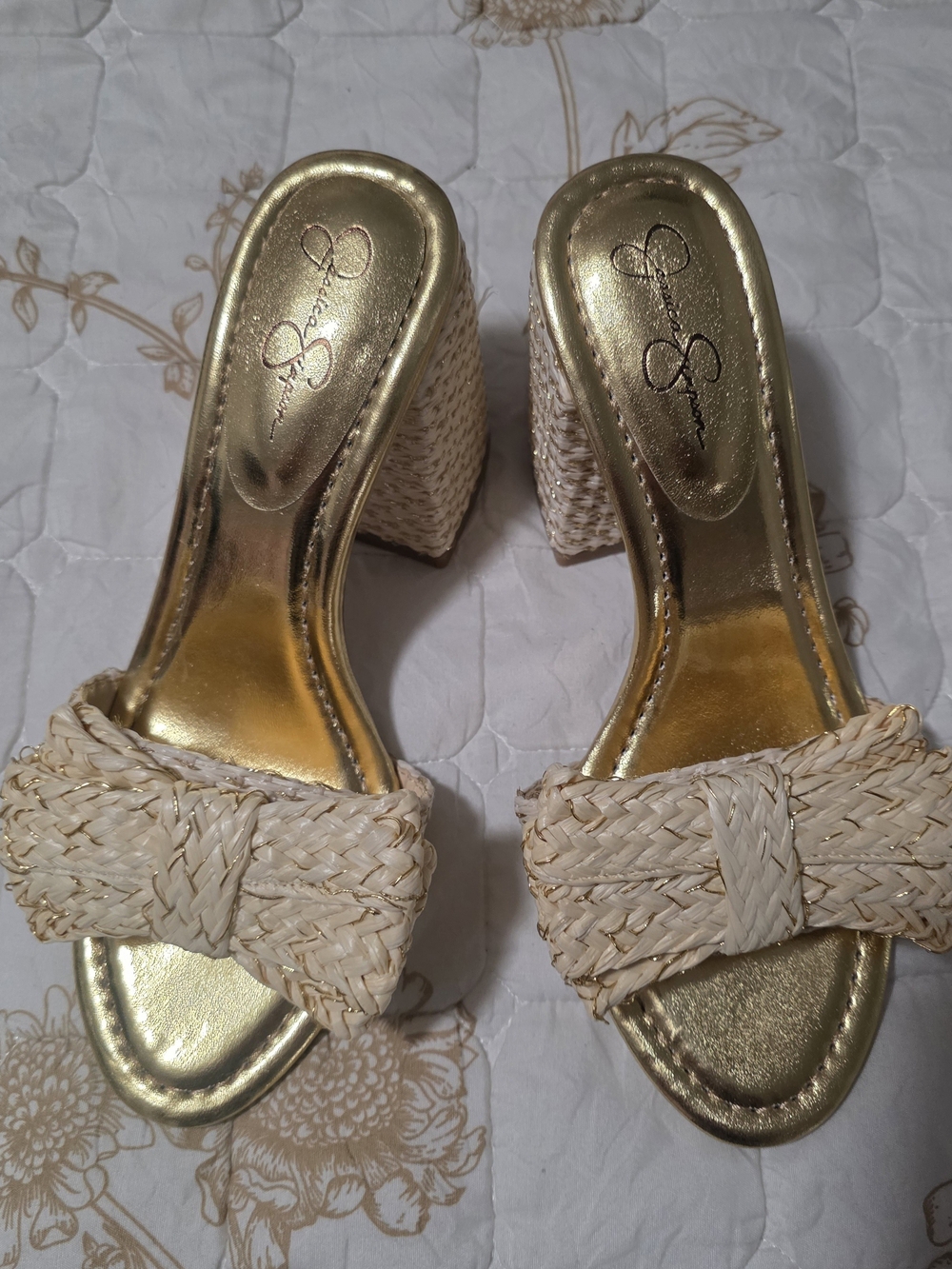 Jessica Simpson Gold Metallic & Natural Braided Bow Wedge Sandals